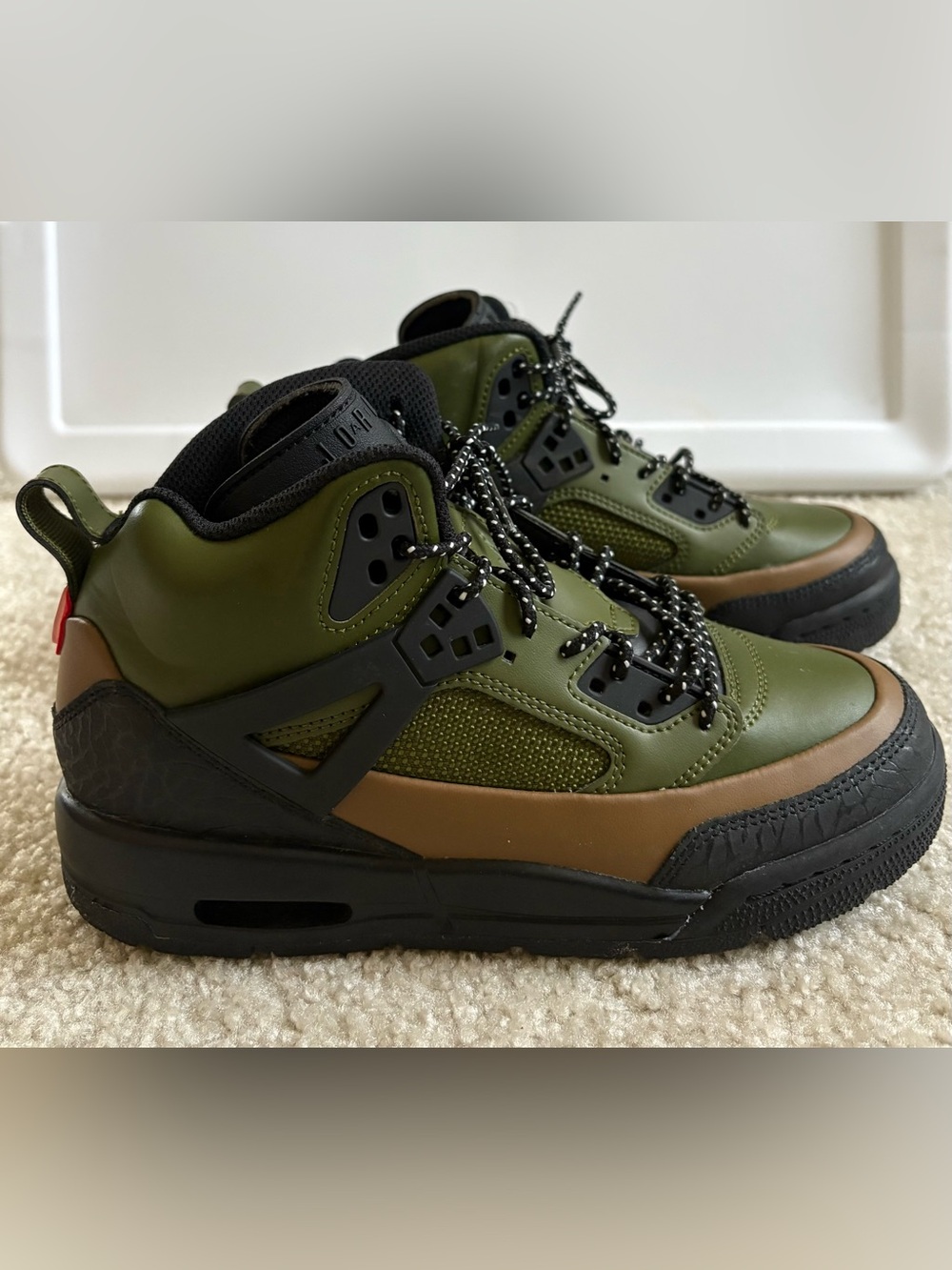 Boys Nike Air Jordan Retro Olive Green and Brown High-Top Athletic Sneakers